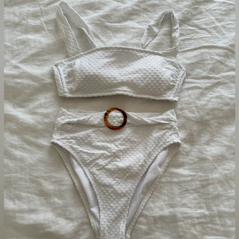 Target White Polkadot Swim Set with Brown Circular Accent Belt
